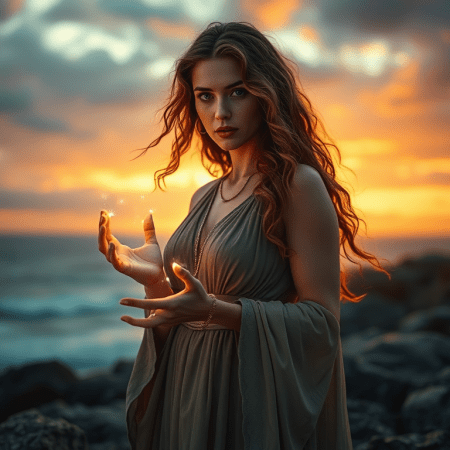 Circe from greek mythology. Her hands sparkle with magic