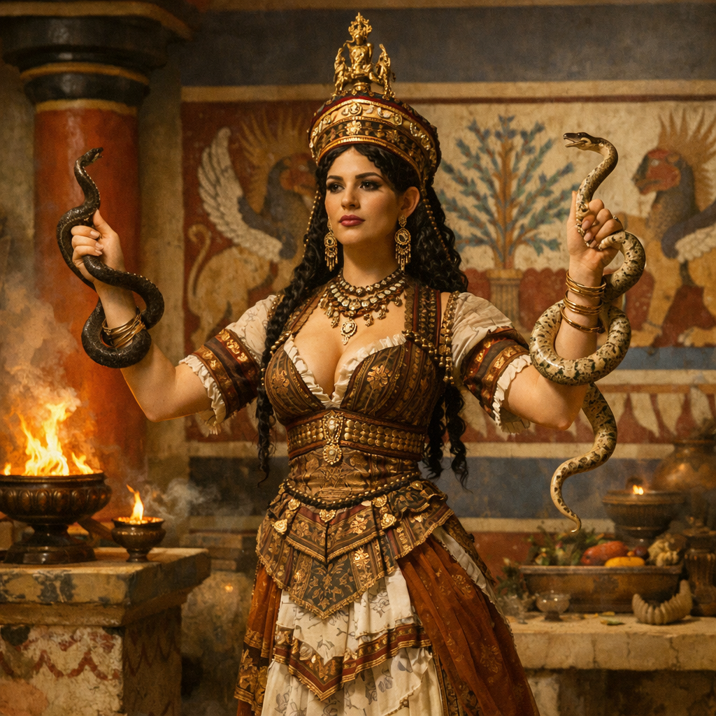 Woman in elaborate ancient costume holding two snakes with firelit background
