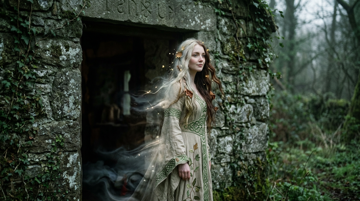 Woman in embroidered dress with glowing sparkles by stone doorway in forest