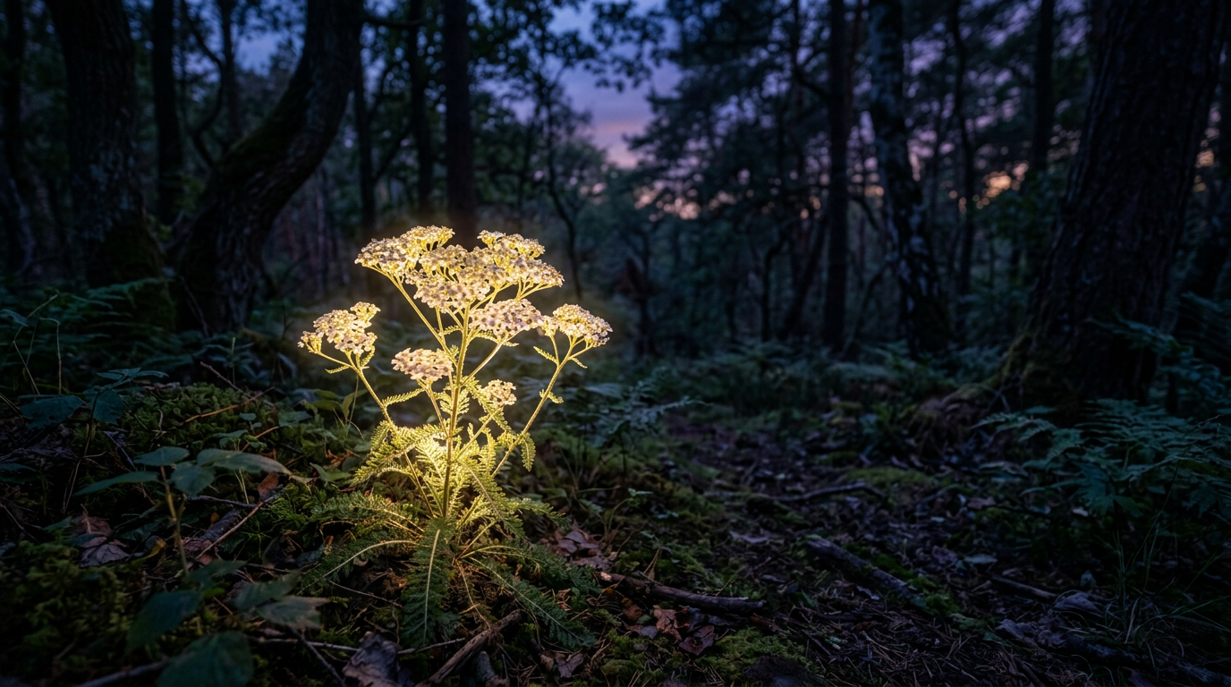 Wildflower emitting light in dark forest at twilight