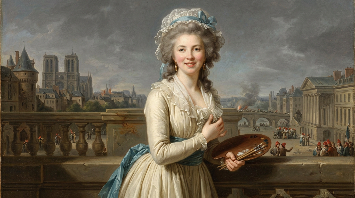 Woman in 18th-century attire holding a painter's palette with brushes, standing on a balcony overlooking Paris and Notre-Dame cathedral