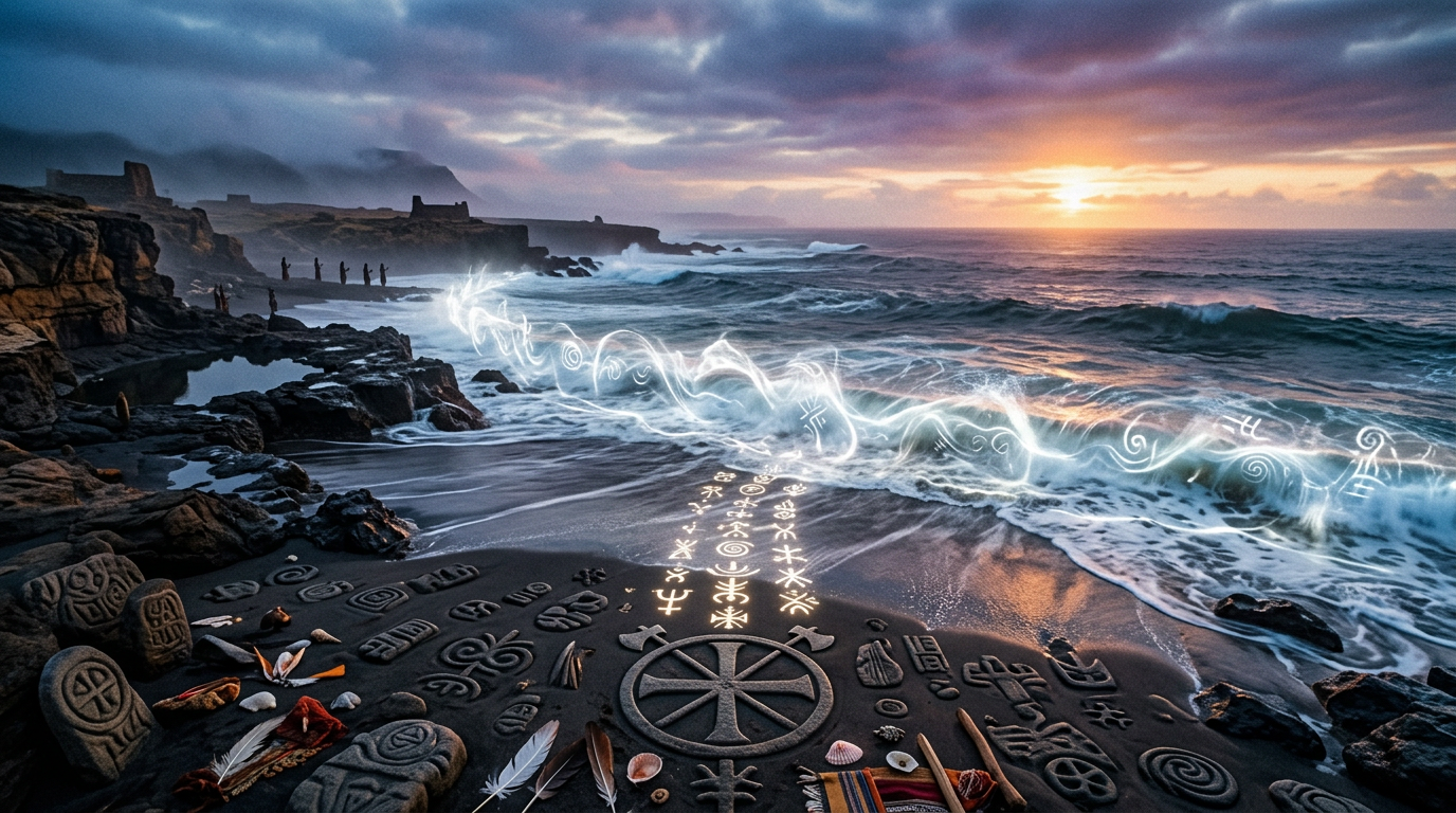 Beach with ancient symbols glowing on sand and mystical light over ocean at sunset