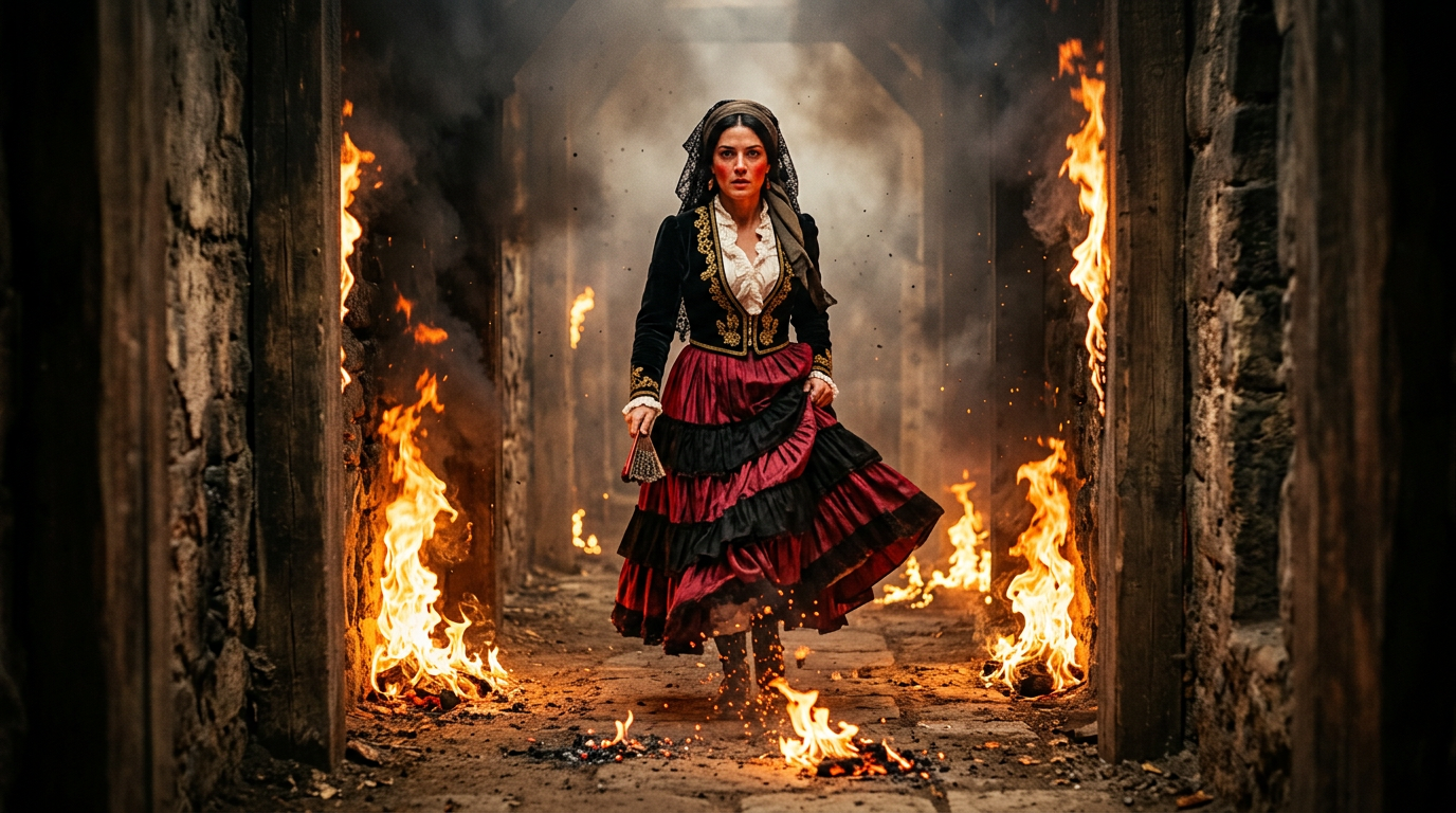 Woman in historic dress walking amidst fire flames in a stone hallway