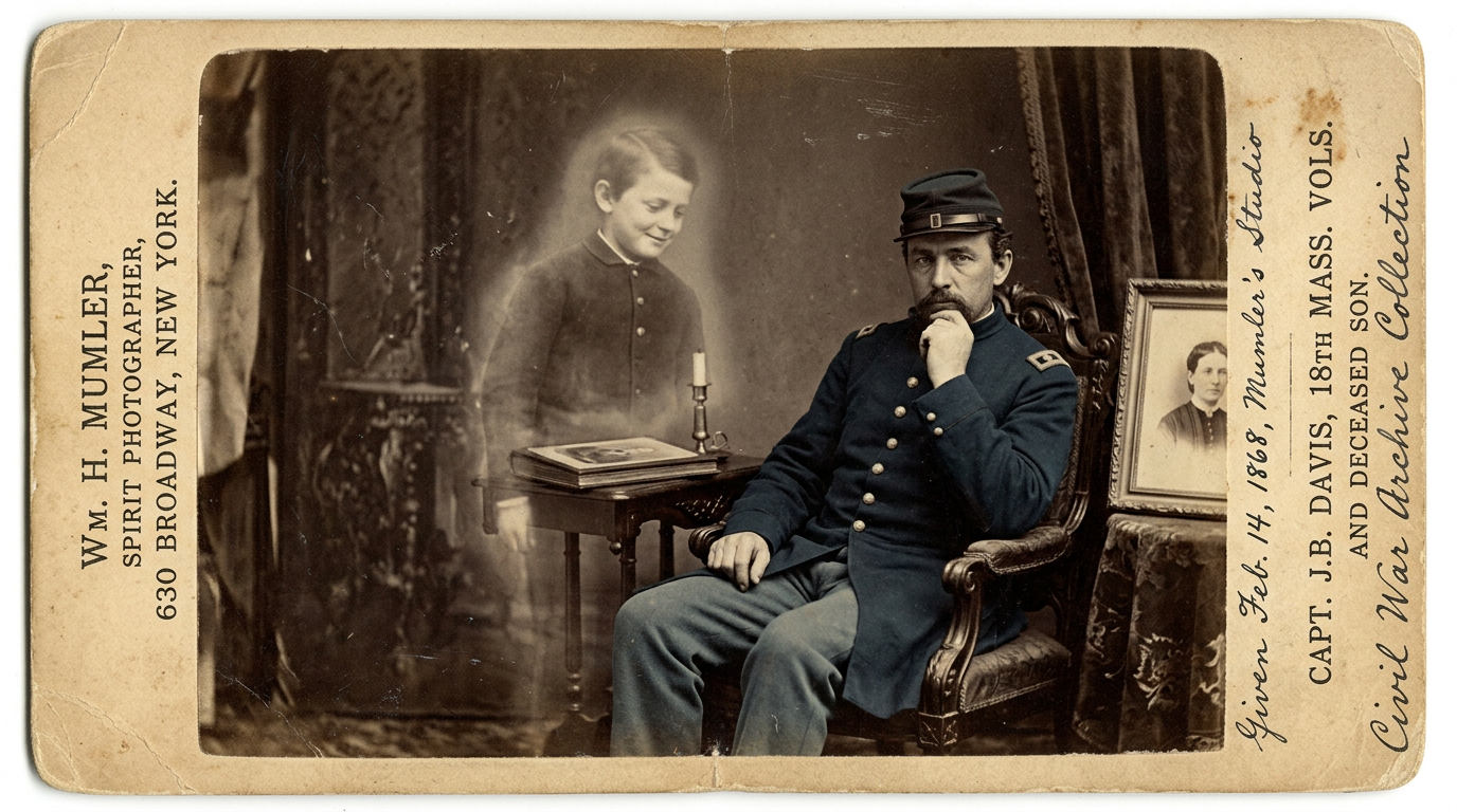 Captain J.B. Davis seated beside a ghostly boy, with spirit photographer text