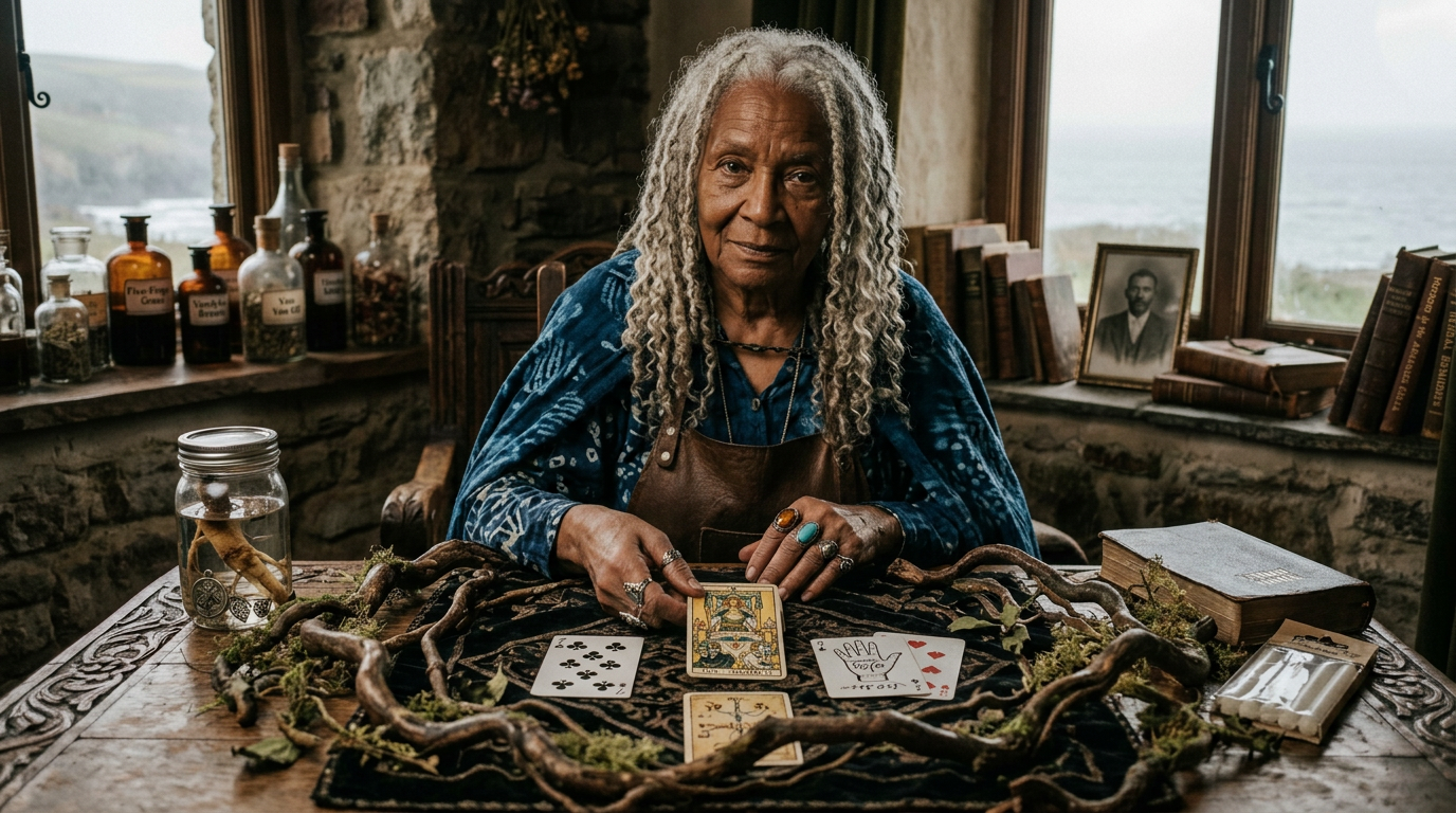 Tarot reader arranging cards on a table surrounded by herbs and roots