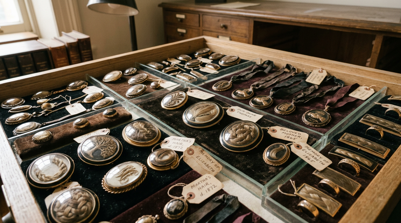 Antique mourning jewelry and lockets arranged in labeled wooden display drawers