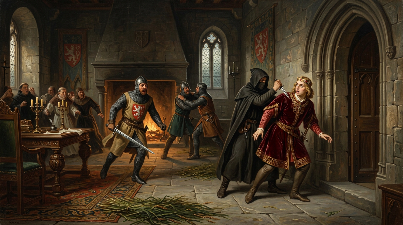 Crowned woman flees a hooded attacker as knights clash inside a castle hall