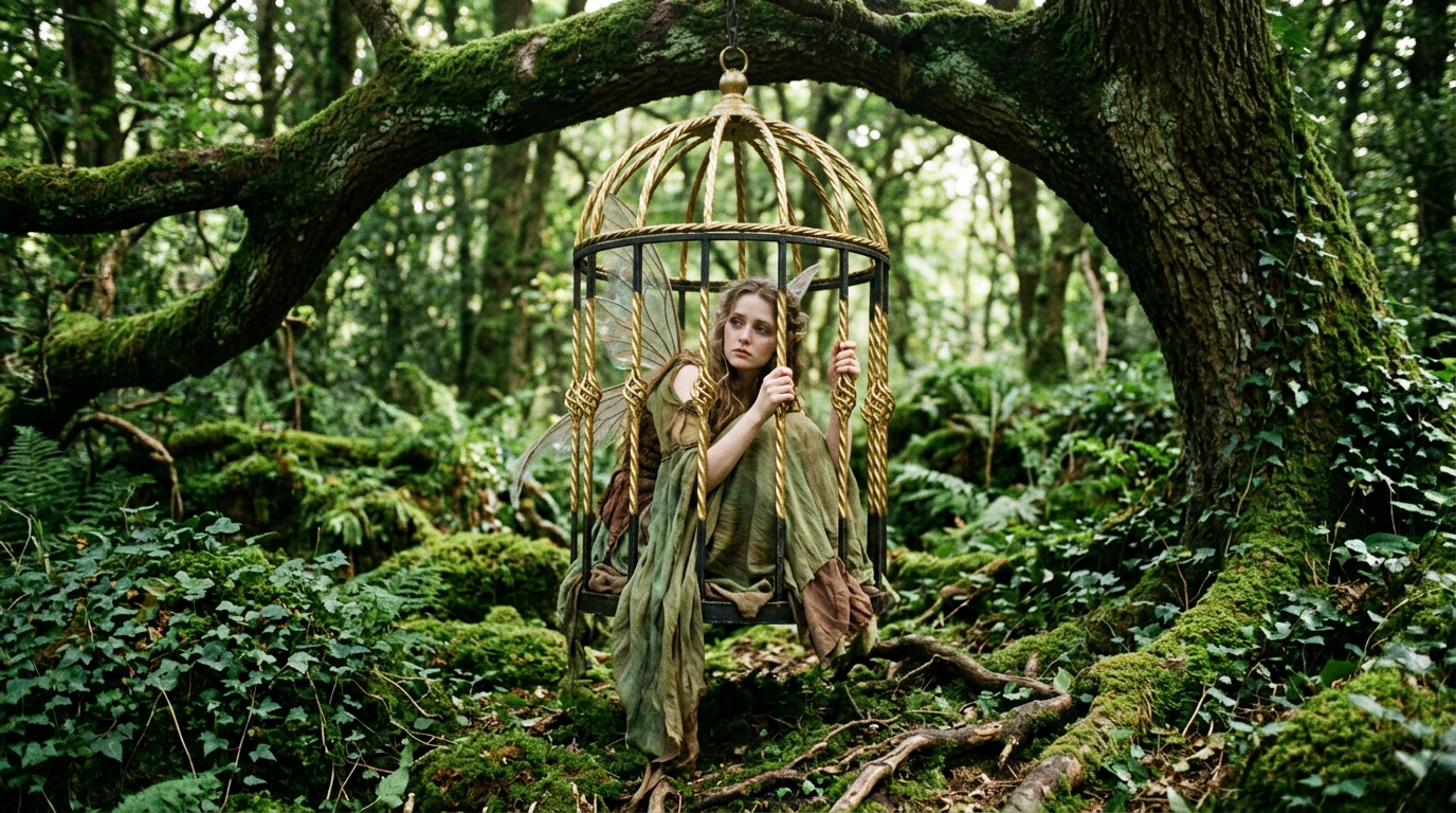 Winged woman seated inside an ornate hanging cage in a mossy forest