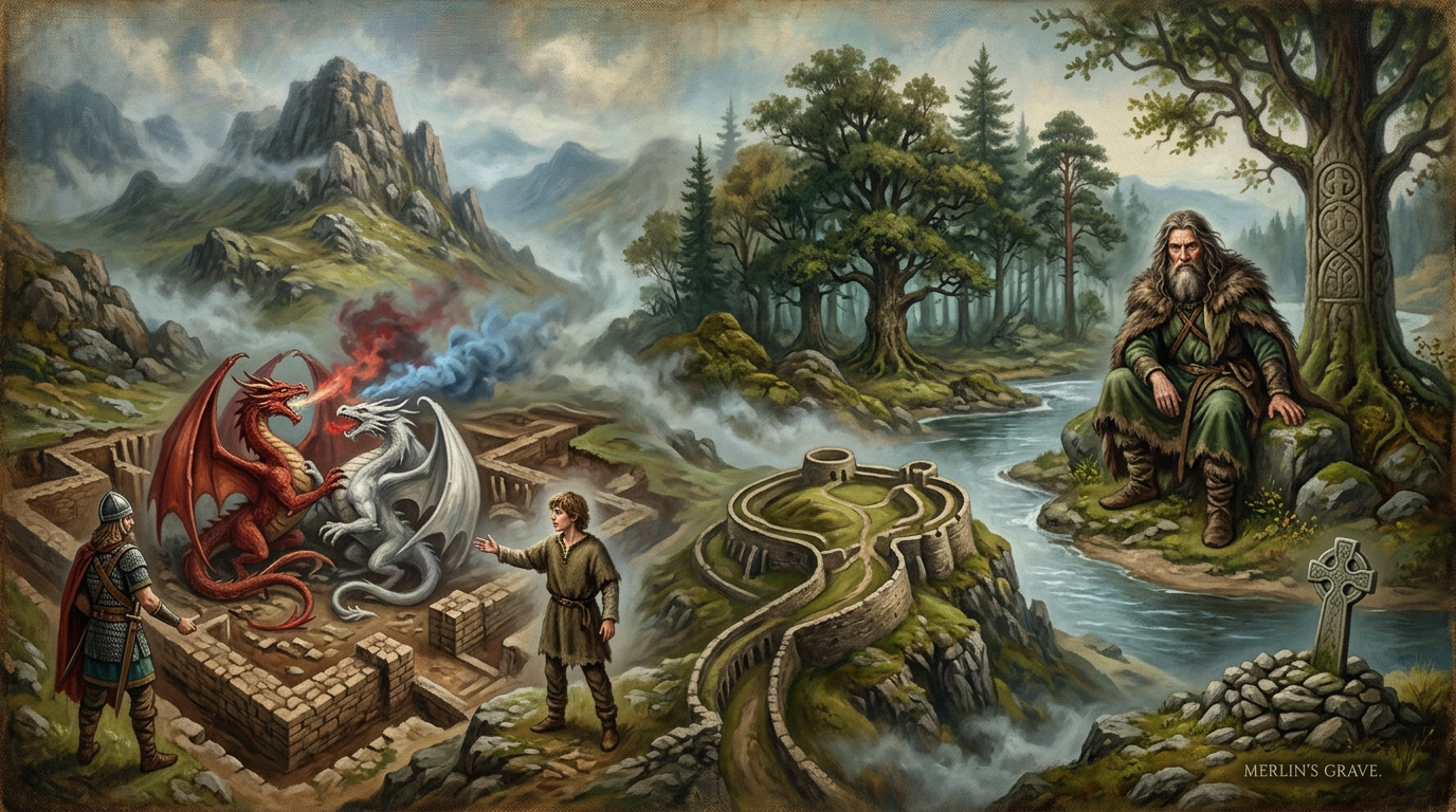 Fantasy scene with dragons, ruins, mountains, and text: Merlin’s Grave.