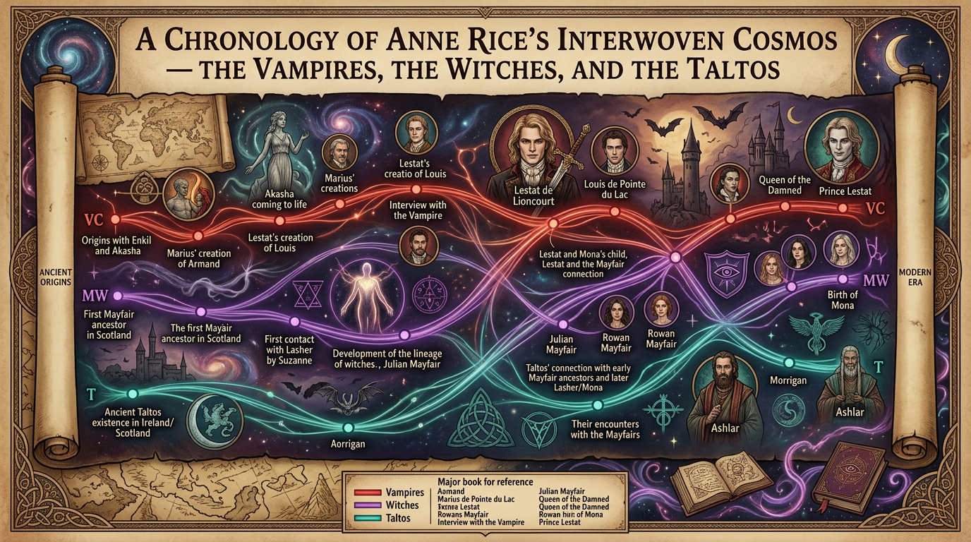 Timeline titled “A Chronology of Anne Rice’s Interwoven Cosmos” connecting vampires, witches, and Taltos.