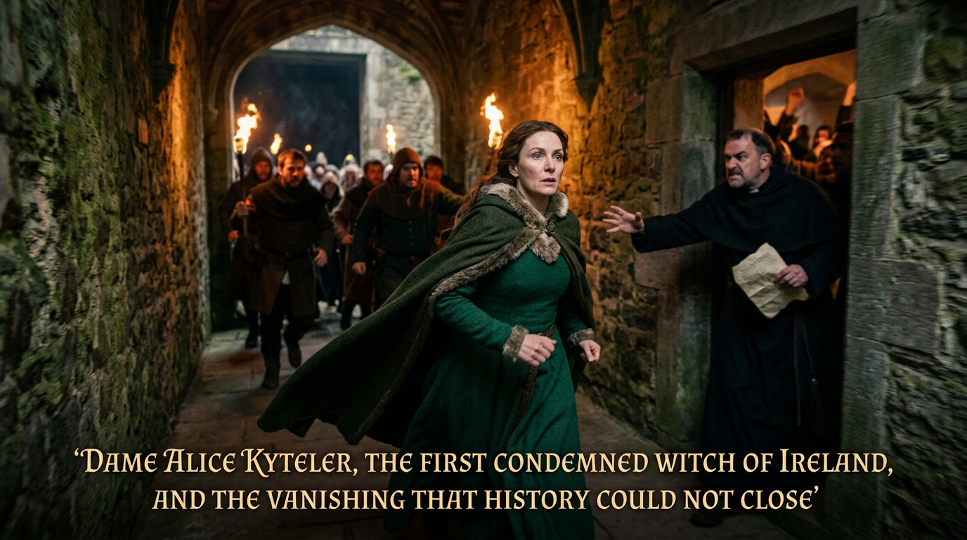 Medieval woman fleeing torch-bearing pursuers beside a cleric; “Dame Alice Kyteler, the first condemned witch of Ireland, and the vanishing that history could not close”