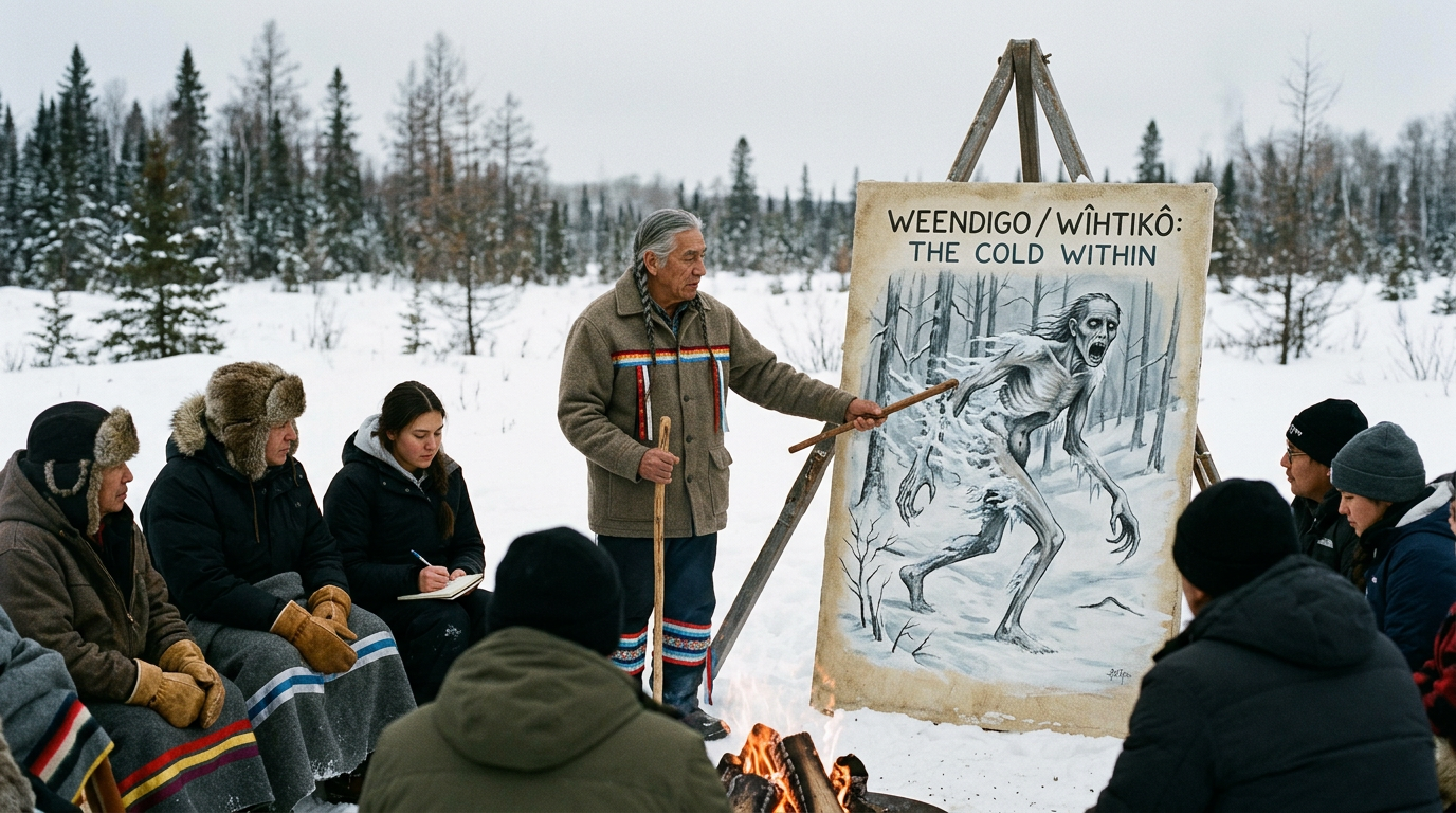 Teacher presenting a Wendigo illustration to a bundled group outdoors