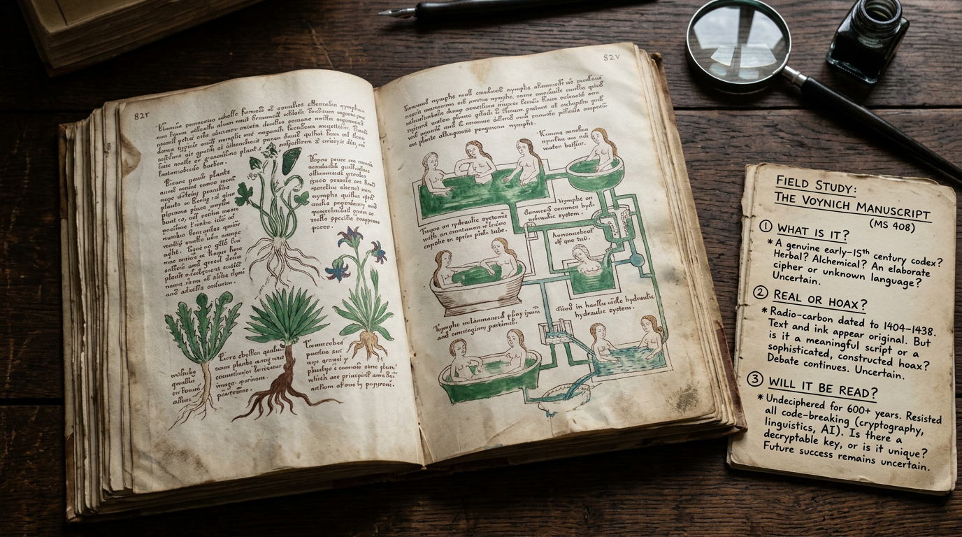 Open illustrated manuscript beside card reading “FIELD STUDY: THE VOYNICH MANUSCRIPT (MS 408)”