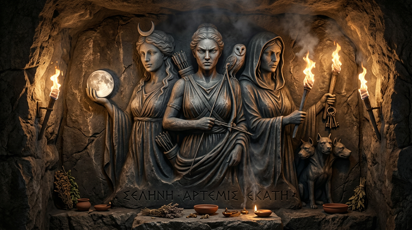 Three goddesses merged into a dark lunar goddess