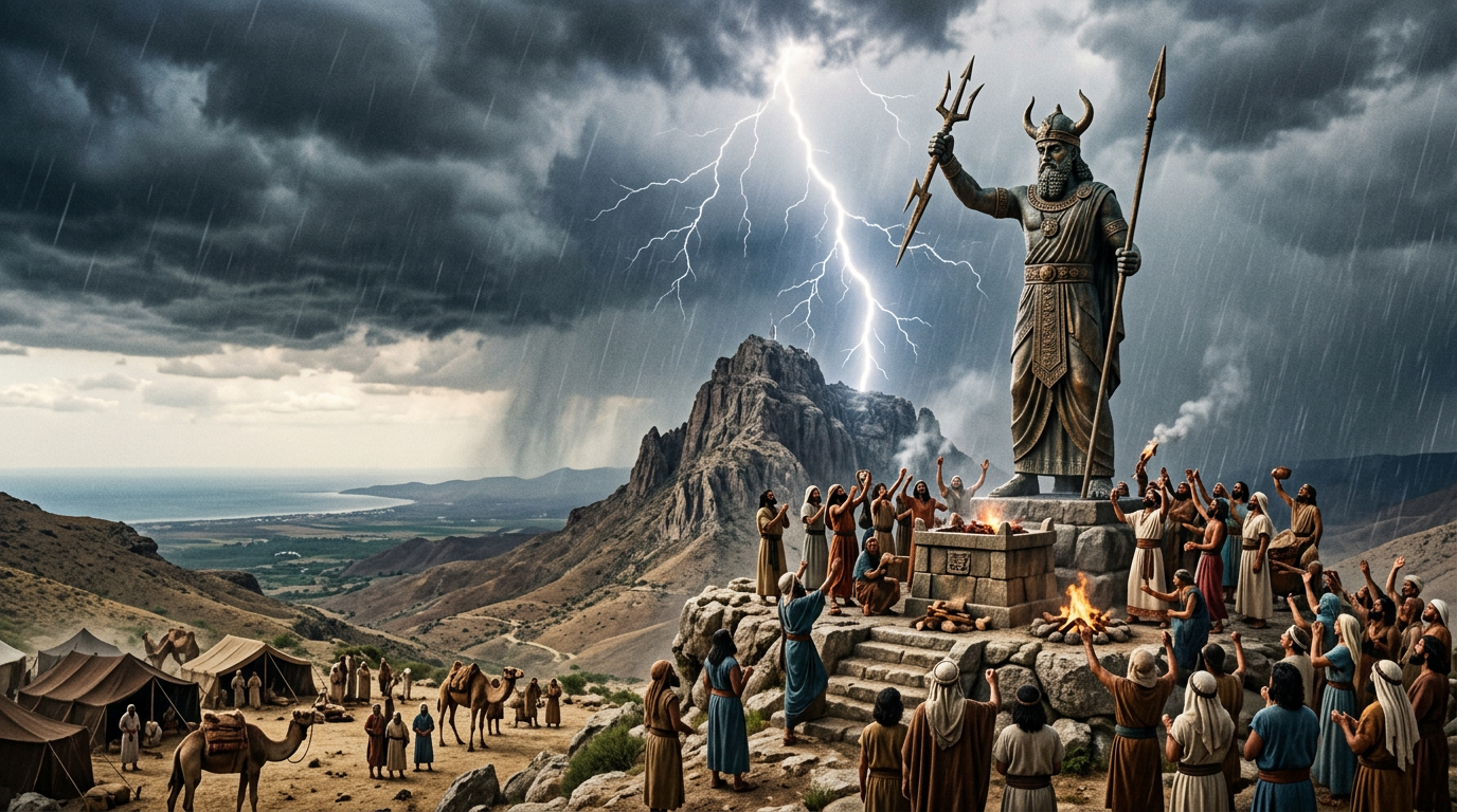 Worshippers perform a ritual before a horned statue during a lightning storm