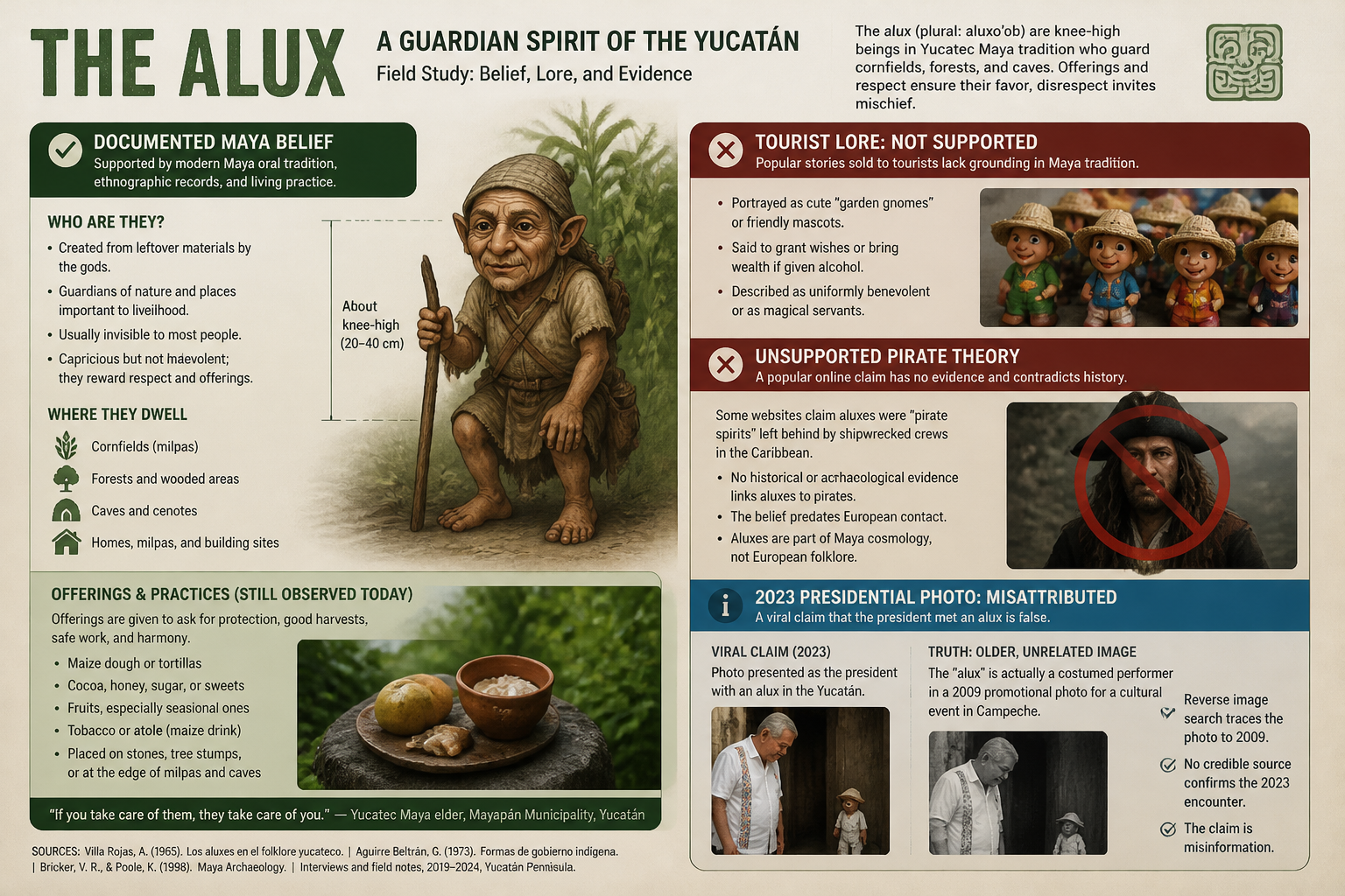 Infographic about alux beliefs, habitats, offerings, and debunked claims