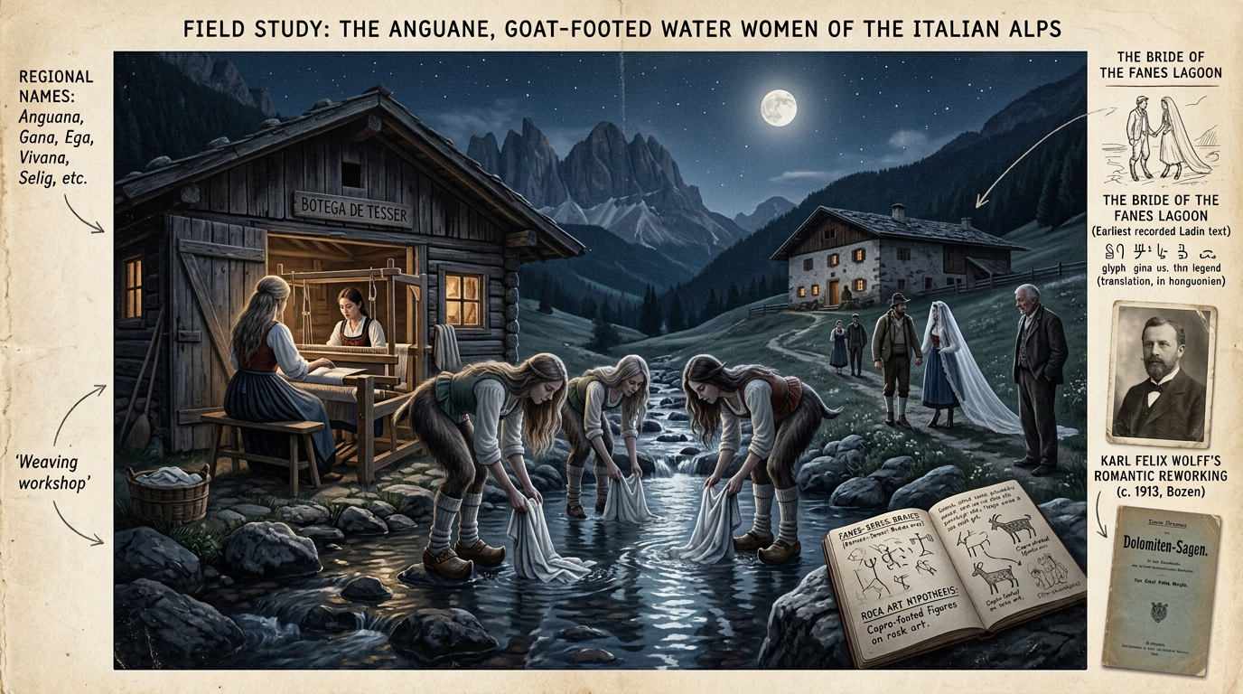 Illustrated field study: water women wash cloth in an Alpine stream beside a weaving workshop; folklore notes surround the scene.
